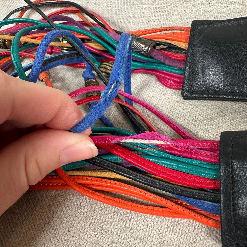 80s‎ vintage statement Multi Leather Cord Bead Belt Black Multi Rainbow Boho